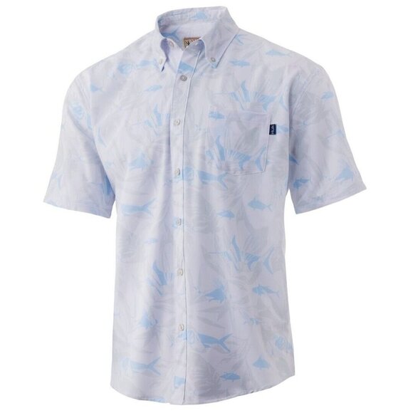 New Huk Kona Ocean Palm Shirt Mens S White Fish Print Short Sleeve Button Front - Picture 1 of 7